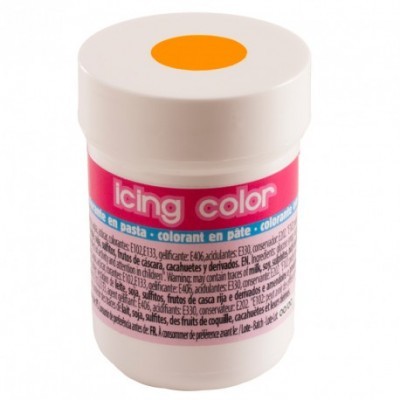 Frasco de corante em pasta icing color branco com tampa e círculo laranja