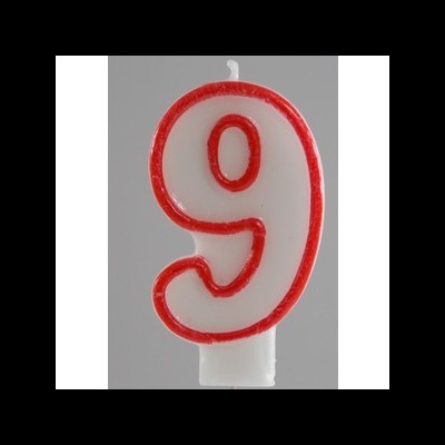 Vela de aniversário número 9 branca com contorno vermelho