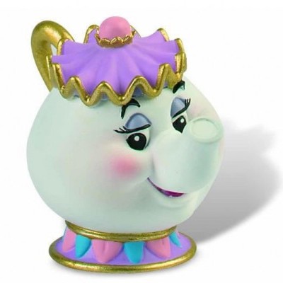 Figura decorativa em forma de bule com rosto colorido e tampa roxa