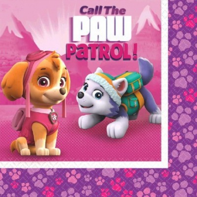 tecido rosa e roxo com cães animados e texto Call The PAW PATROL!