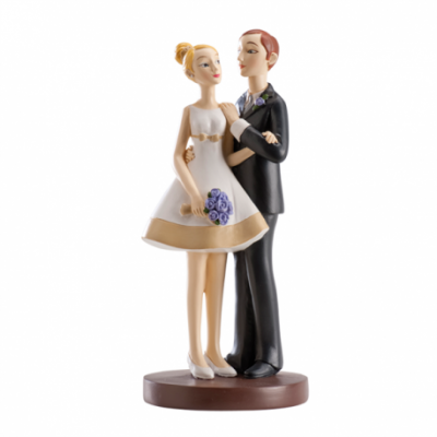 Figuras decorativas de noivos em vestido branco e fato preto com base castanha