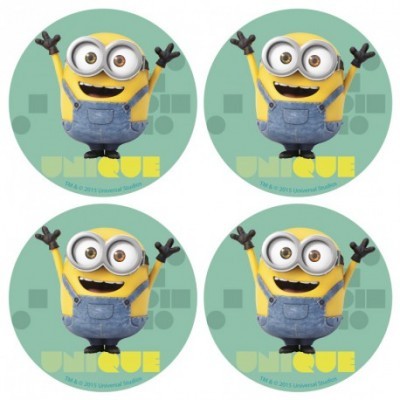 Quatro círculos com Minions em fundo verde e texto 'UNIQUE'