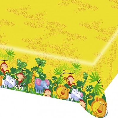 toalha de mesa amarela com animais da selva coloridos na borda