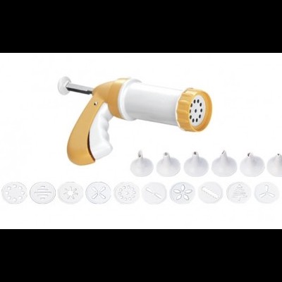Pistola de decoração de bolos branca e amarela com 12 bicos interchangeáveis