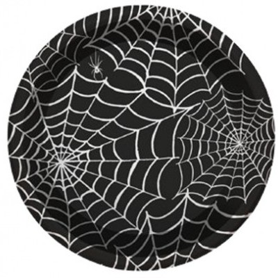 Prato redondo preto com padrão branco de teia de aranha e aranhas desenhadas