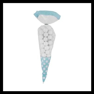 Saco plástico transparente com bolas brancas e fundo azul claro com bolinhas brancas