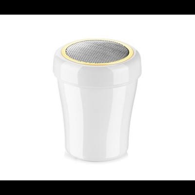 Removedor de pêlos de tecido branco com grelha metálica e aro amarelo