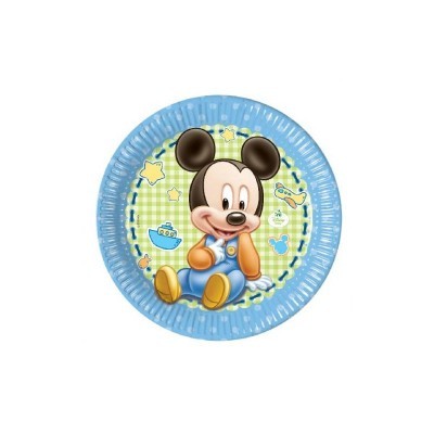 Prato de papel azul com imagem do Mickey bebé e motivos coloridos
