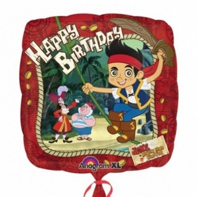 Balão quadrado vermelho com personagens de pirata e texto Happy Birthday