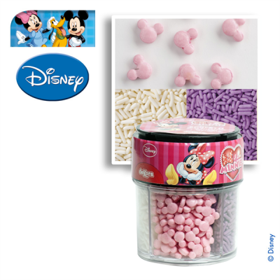Frasco com confeitos de açúcar Disney da Minnie em rosa, roxo e branco