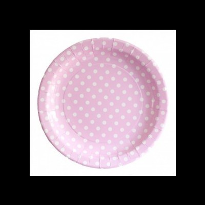 Prato de papel rosa com bolinhas brancas