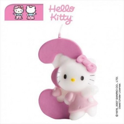 Vela rosa Hello Kitty com número 3 e personagem com laço e vestido rosa