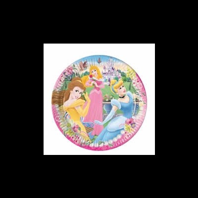 Prato descartável com princesas Disney coloridas e castelo ao fundo