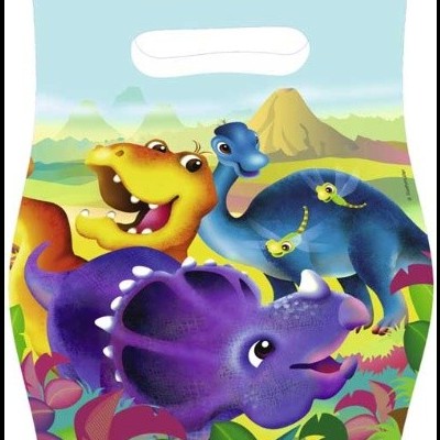 Saco de plástico com ilustração colorida de dinossauros e vegetação