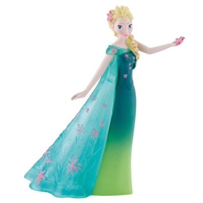 Boneca Elsa do Frozen com vestido verde e capa azul transparente decorada com flores cor-de-rosa