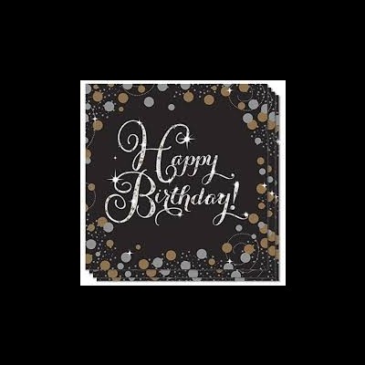 Guardanapo preto com bolinhas douradas, prateadas e cinzentas e texto Happy Birthday