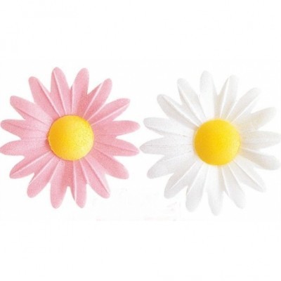 Flores artificiais rosa e branca com centro amarelo