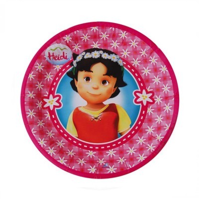 Prato rosa com personagem infantil e texto Heidi