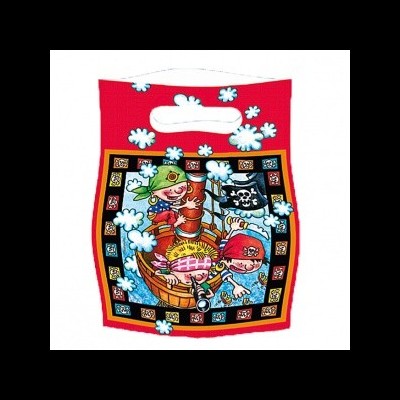 Saco de plástico vermelho com estampa de piratas coloridos em navio