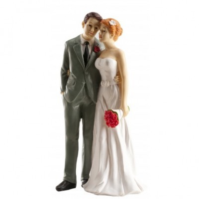 Figura decorativa de casal de noivos em porcelana com vestido branco e fato cinza