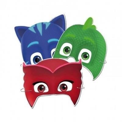 Três máscaras infantis coloridas dos personagens PJ Masks