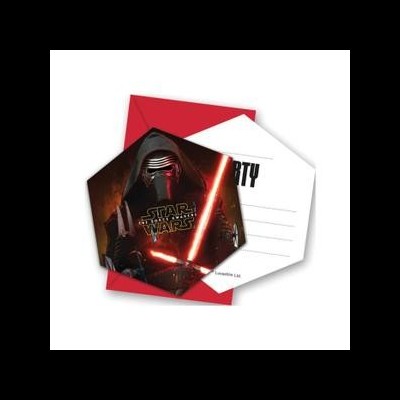 Convite de aniversário hexagonal Star Wars com Kylo Ren e envelope vermelho.