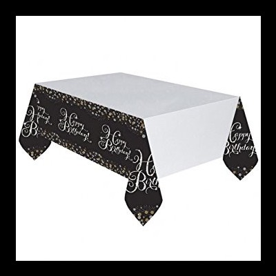 toalha de mesa plástica branca com bordas pretas e texto Happy Birthday