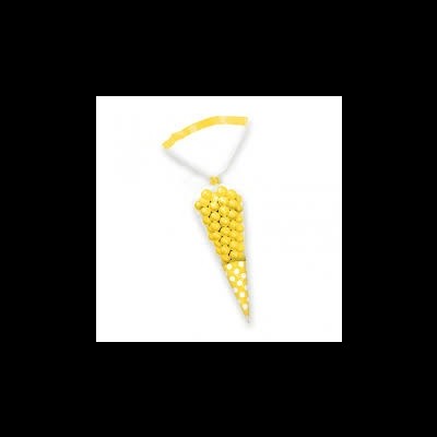 Saco transparente em cone com bolinhas amarelas e laço amarelo