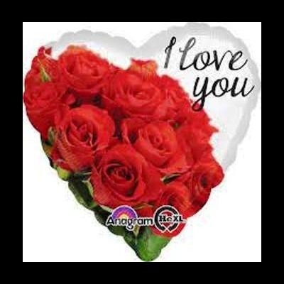 Balão em forma de coração com rosas vermelhas e texto I Love You