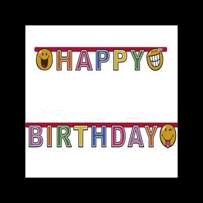 Faixas decorativas coloridas com texto HAPPY BIRTHDAY e emojis sorridentes
