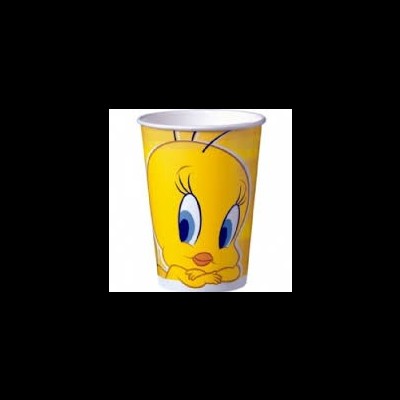 Copo amarelo de papel com desenho da personagem Tweety