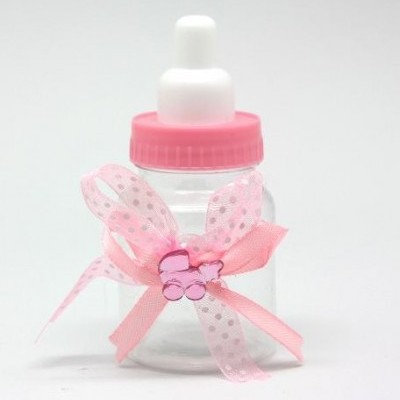 Frasco em forma de mamadeira com tampa rosa e decoração em fita rosa e ursinho