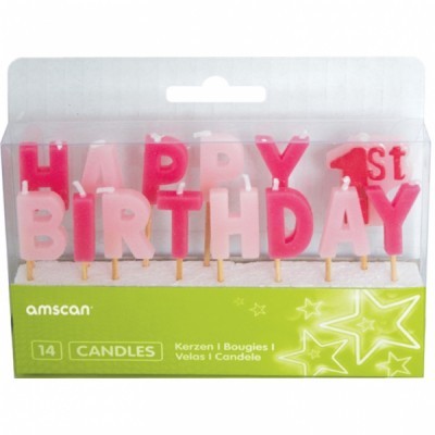 Velas decorativas em caixa com frase HAPPY 1st BIRTHDAY em rosa e vermelho