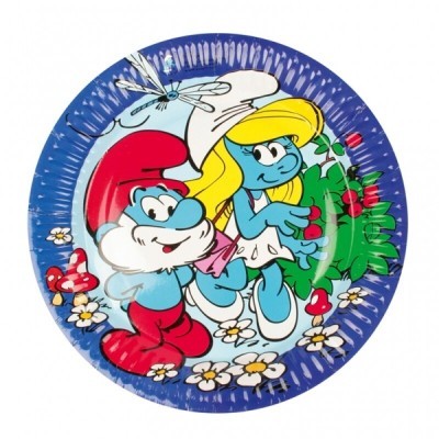 Prato descartável de papel com desenhos dos Smurfs coloridos em fundo azul.