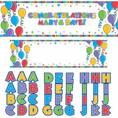 Letras e faixa decorativa coloridas para festa com o texto 'CONGRATULATIONS MARY & DAVE!' e balões.