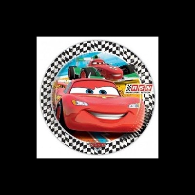 Prato redondo de papel dos carros do filme Cars com borda quadriculada preta e branca