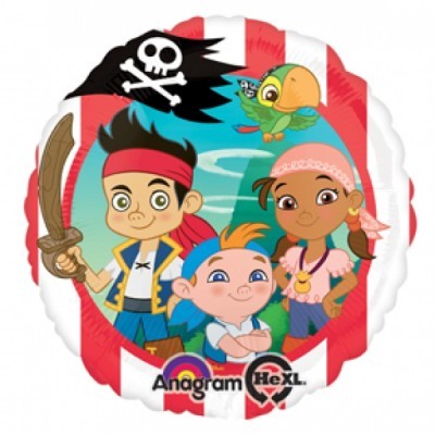 Balão redondo com personagens de piratas, papagaio e bandeira