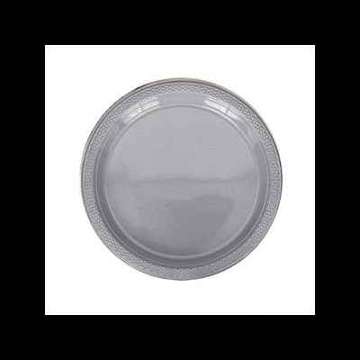 Prato redondo cinza claro com borda decorativa em padrão trançado