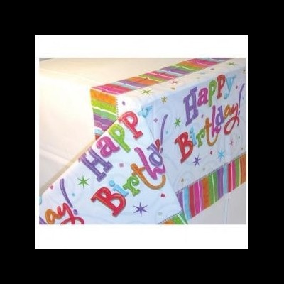Toalha de festa colorida com mensagem 'Happy Birthday'