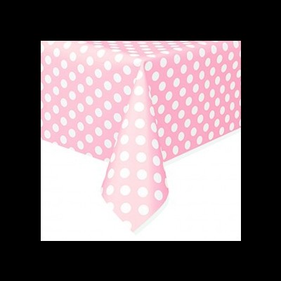 Toalha de mesa rosa com bolinhas brancas