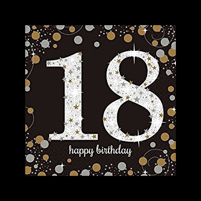 Número 18 branco com estrelas douradas num fundo preto com confetes dourados, prateados e brancos