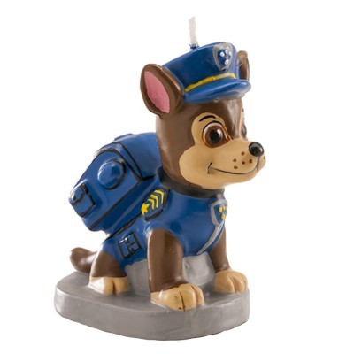 Vela em forma de cão de cartoon com uniforme de polícia azul