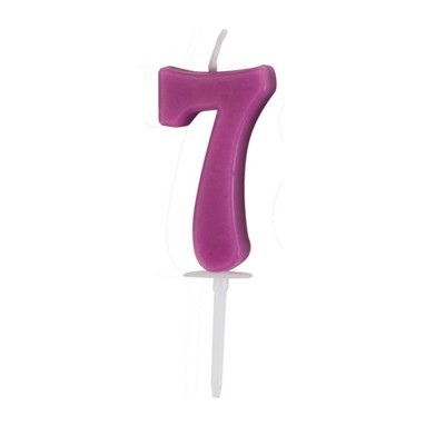 Vela de aniversário número 7 roxa com suporte branco.