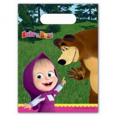 Saco plástico decorado com personagens Masha e o Urso em campo verde