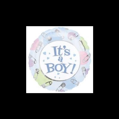 Balão metalizado com texto 'It's a BOY!' e desenhos infantis coloridos