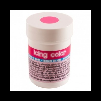 Frasco pequeno de pasta colorante para glacê com rótulo rosa e branco