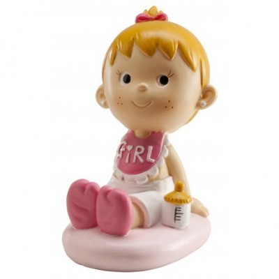 Figura decorativa de bebé menina com babete GIRL sentada sobre base rosa