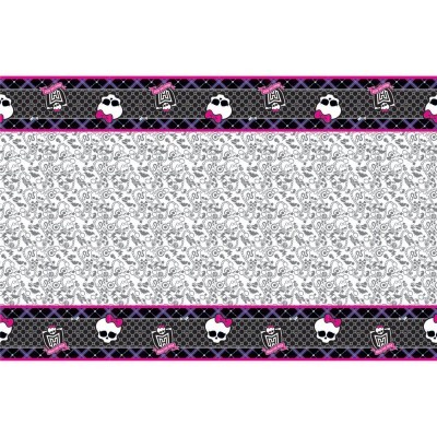 Padrão com caveiras, laços rosa e decoração em fundo preto, bordas rosa e branco