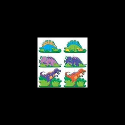 Cinco autocolantes coloridos de dinossauros sobre vegetação verde