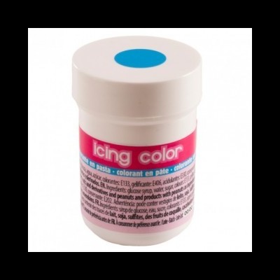 Frasco branco de pasta corante alimentar Icing color com rótulo rosa e texto azul